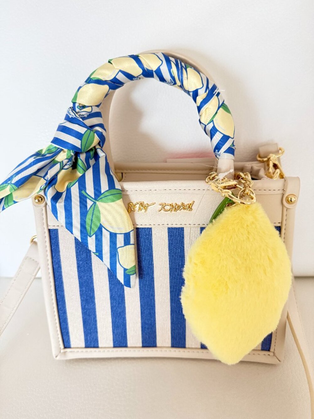 BETSEY JOHNSON XOLUCY SATCHEL CROSSBODY BAG W LEMON CHARM SCARF BLUE MULTI